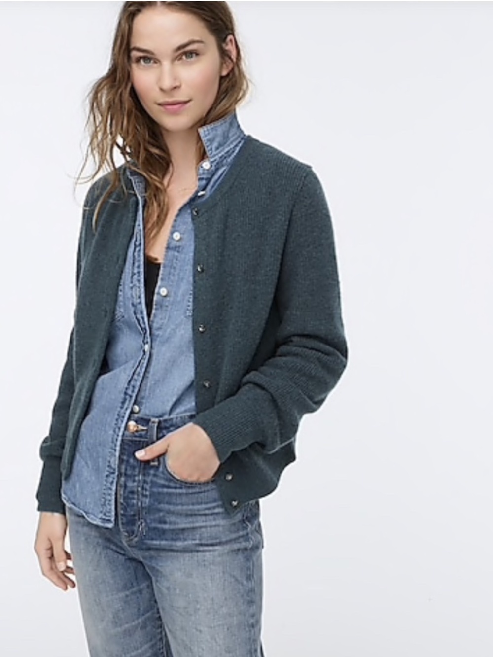✨NWT✨ J.CREW Wool Blend Ribbed Cardigan Jeweled Buttons in Shaded Pine Sz XS